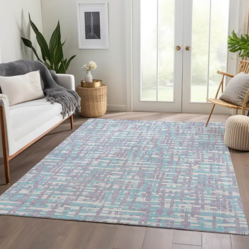 Lavender Ivory And Aqua Abstract Geometric Washable Area Rug With UV Protection Photo 5