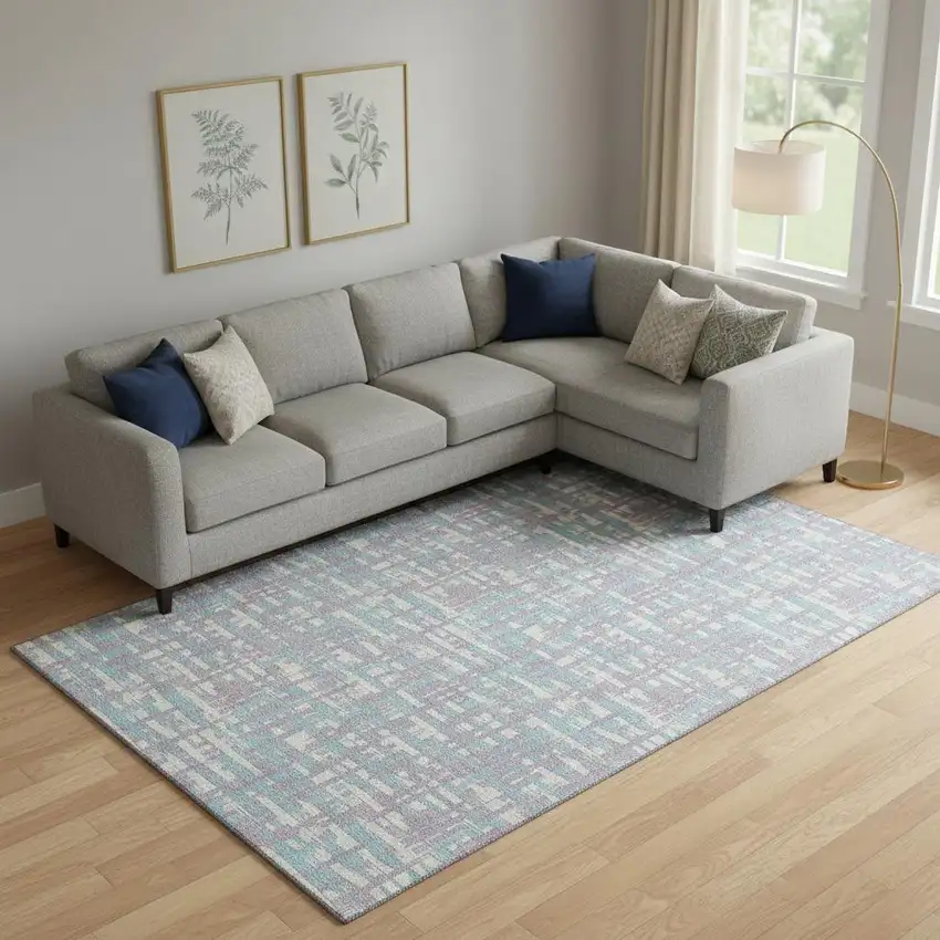 Lavender Ivory And Aqua Abstract Geometric Washable Area Rug With UV Protection Photo 2