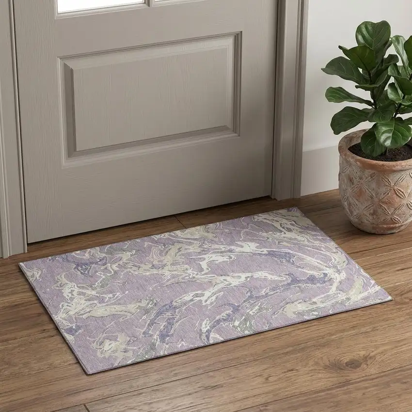 Lavender Ivory And Beige Abstract Washable Area Rug With UV Protection Photo 1
