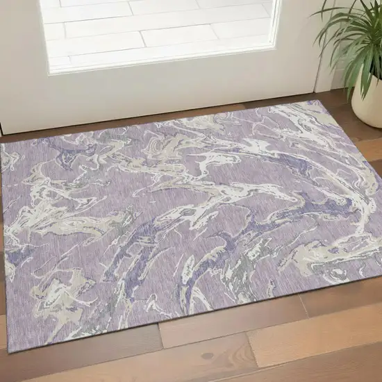 Lavender Ivory And Beige Abstract Washable Area Rug With UV Protection Photo 1
