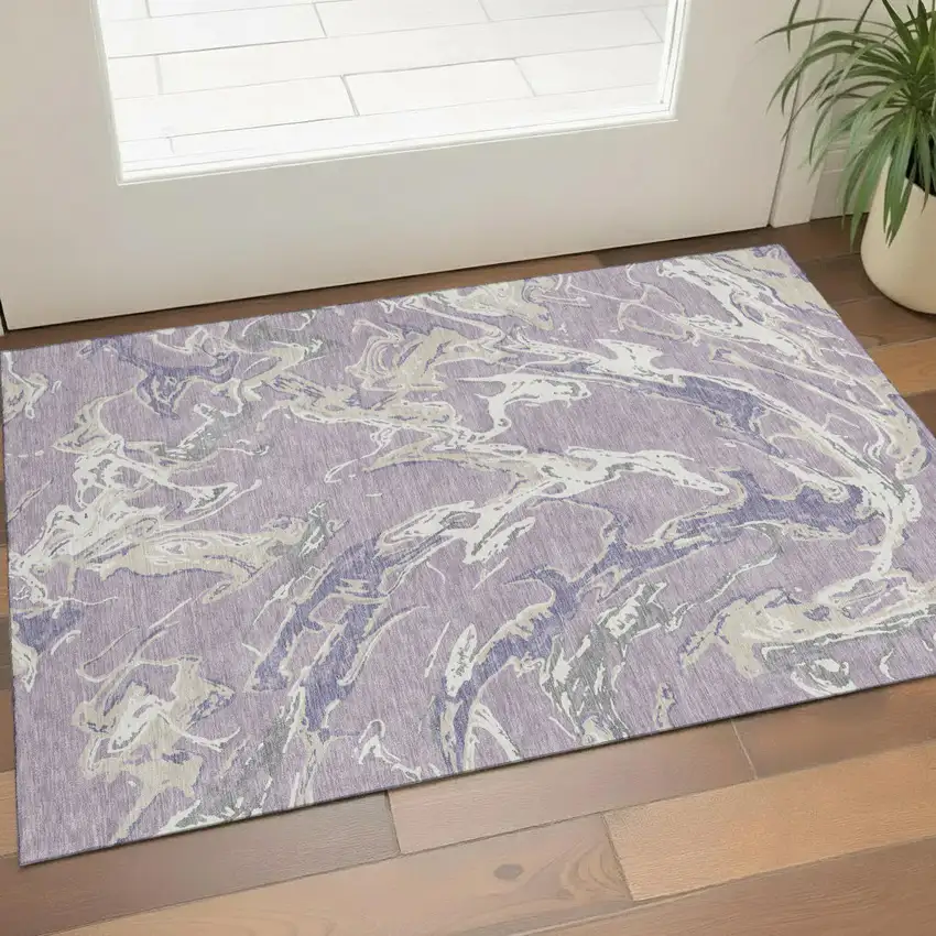Lavender Ivory And Beige Abstract Washable Area Rug With UV Protection Photo 1