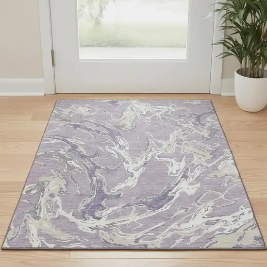 Lavender Ivory And Beige Abstract Washable Area Rug With UV Protection Photo 2