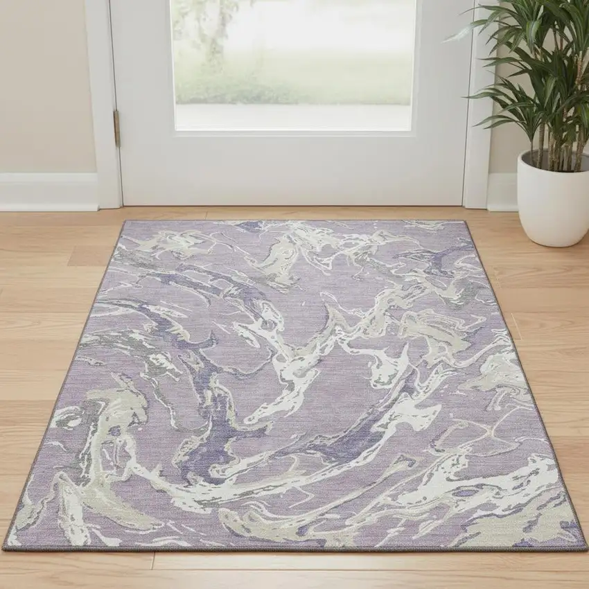 Lavender Ivory And Beige Abstract Washable Area Rug With UV Protection Photo 2