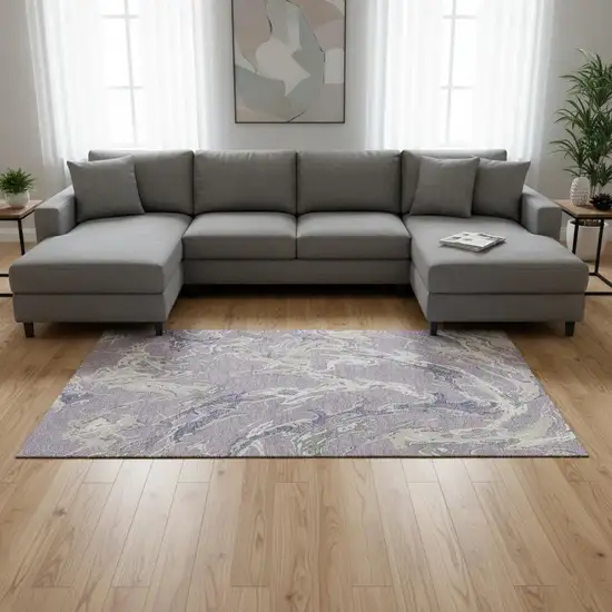 Lavender Ivory And Beige Abstract Washable Area Rug With UV Protection Photo 2