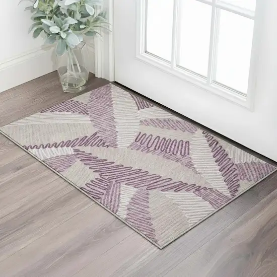 Lavender Ivory And Beige Floral Washable Area Rug With UV Protection Photo 2