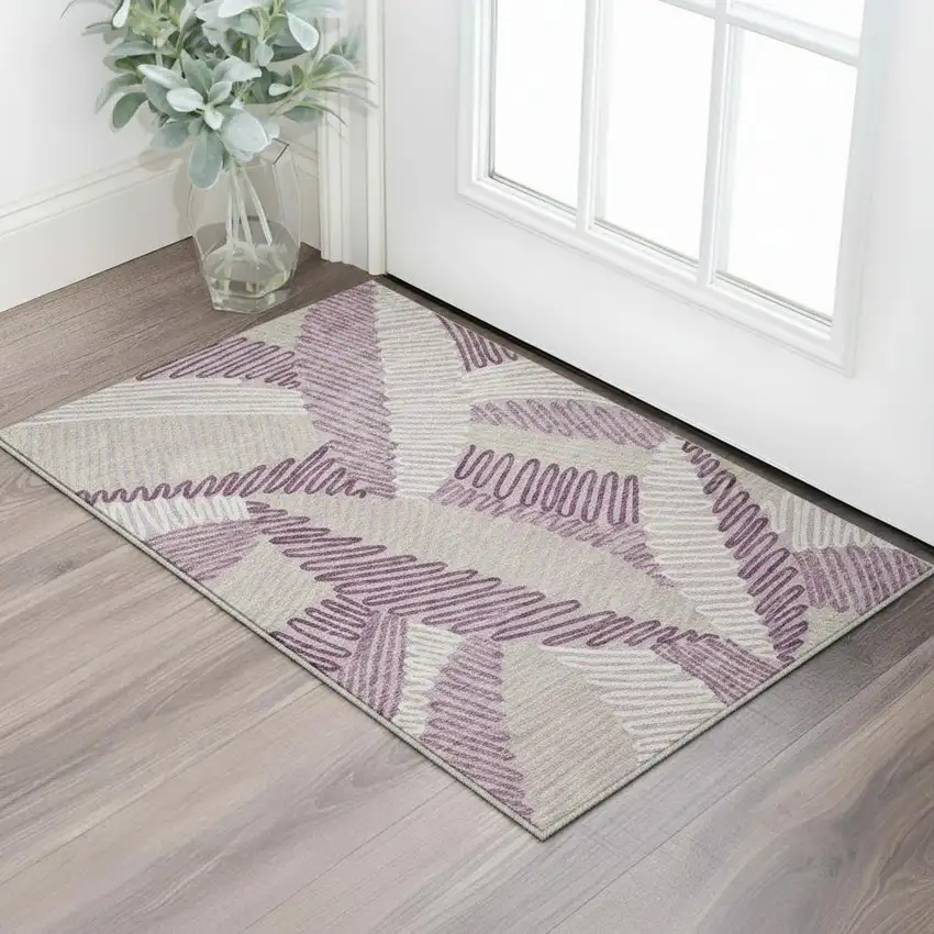 Lavender Ivory And Beige Floral Washable Area Rug With UV Protection Photo 2