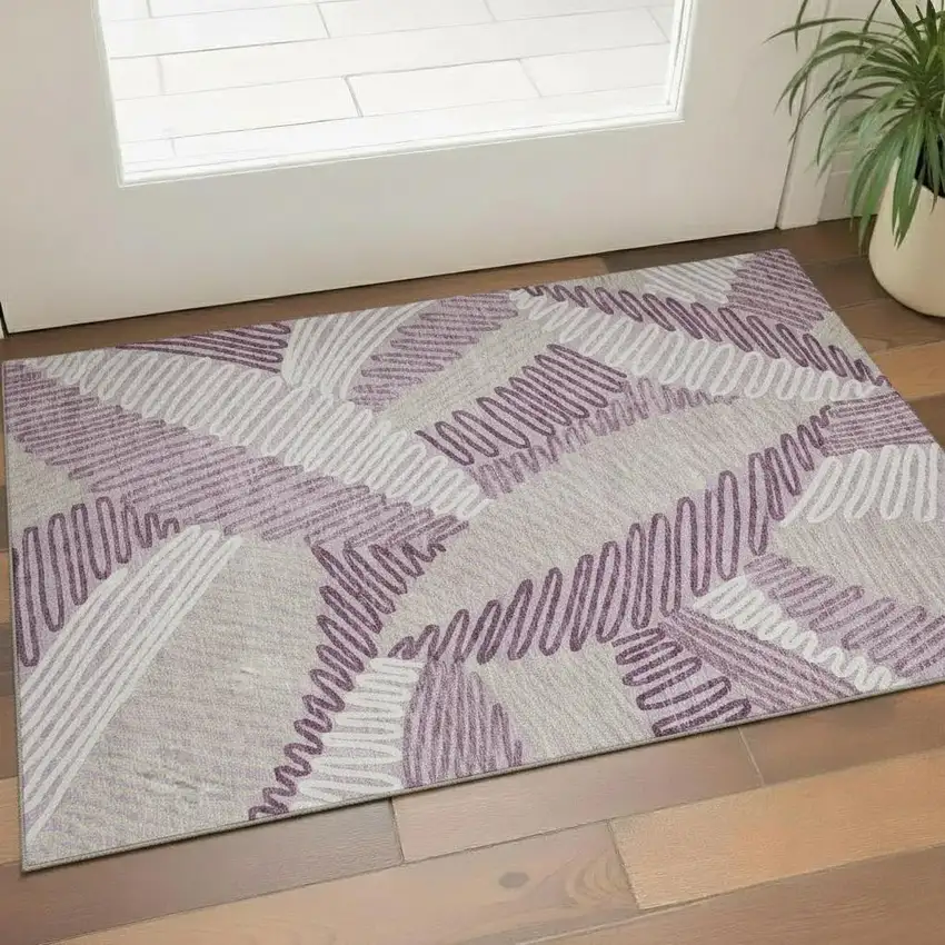 Lavender Ivory And Beige Floral Washable Area Rug With UV Protection Photo 1