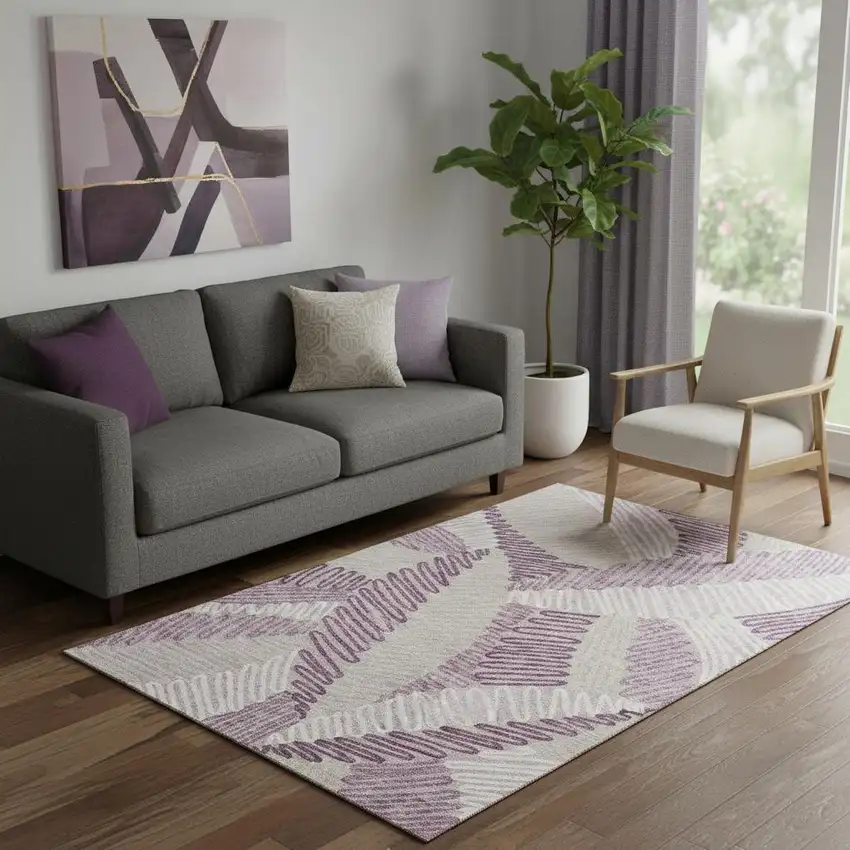 Lavender Ivory And Beige Floral Washable Area Rug With UV Protection Photo 1