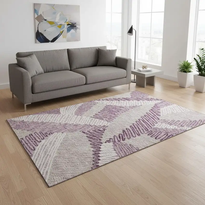 Lavender Ivory And Beige Floral Washable Area Rug With UV Protection Photo 2