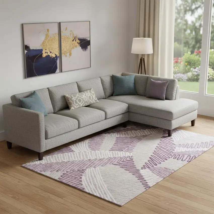 Lavender Ivory And Beige Floral Washable Area Rug With UV Protection Photo 1