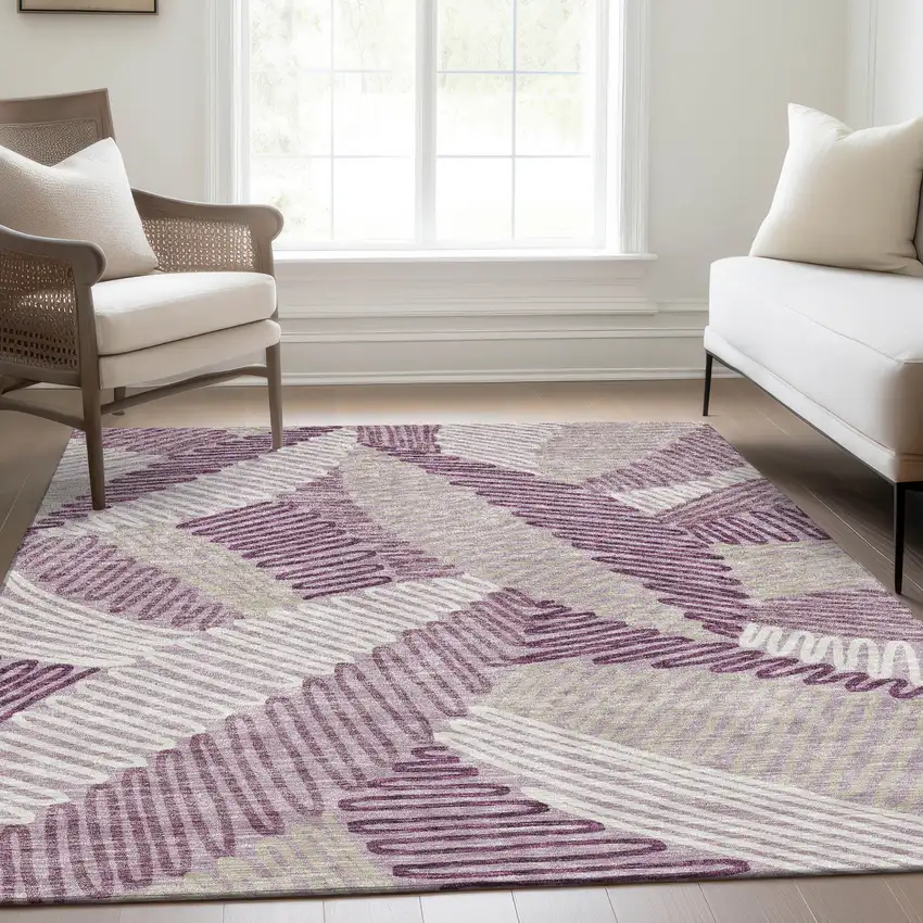 Lavender Ivory And Beige Floral Washable Area Rug With UV Protection Photo 6