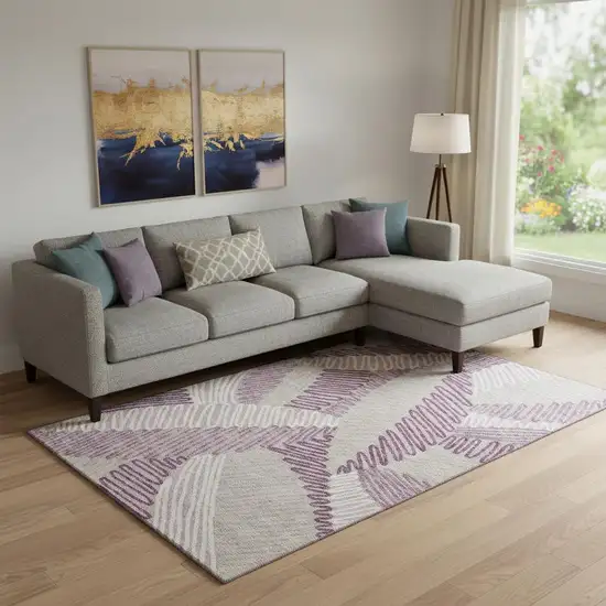 Lavender Ivory And Beige Floral Washable Area Rug With UV Protection Photo 1