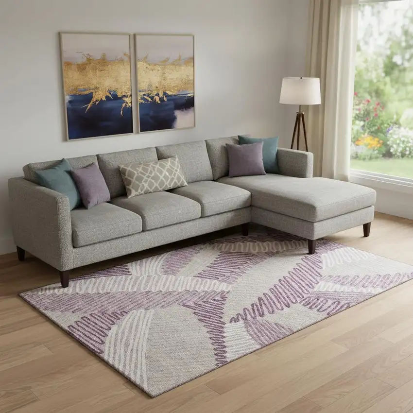 Lavender Ivory And Beige Floral Washable Area Rug With UV Protection Photo 1