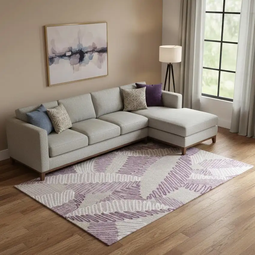 Lavender Ivory And Beige Floral Washable Area Rug With UV Protection Photo 1