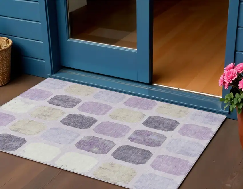 Lavender Ivory And Beige Geometric Washable Indoor Outdoor Area Rug Photo 2