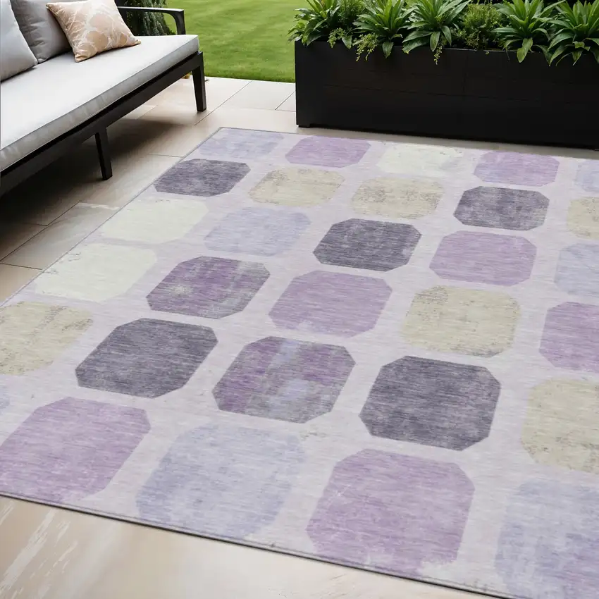 Lavender Ivory And Beige Geometric Washable Indoor Outdoor Area Rug Photo 2