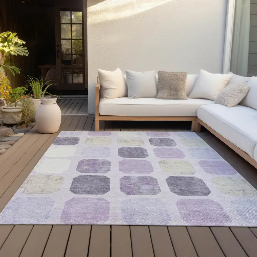 Lavender Ivory And Beige Geometric Washable Indoor Outdoor Area Rug Photo 7