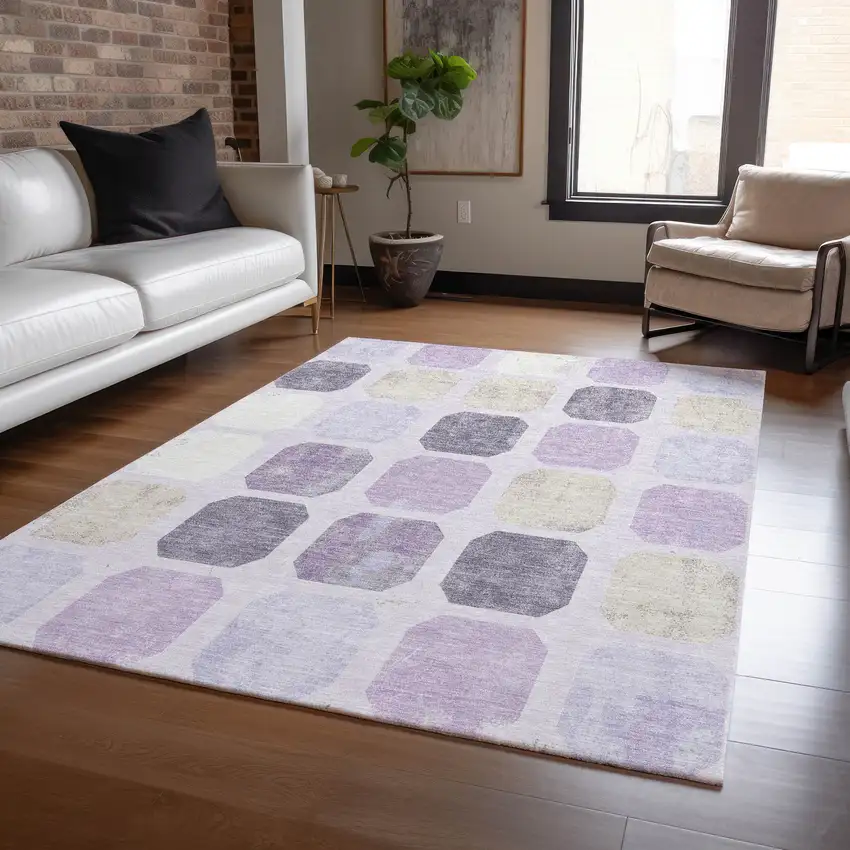 Lavender Ivory And Beige Geometric Washable Indoor Outdoor Area Rug Photo 6