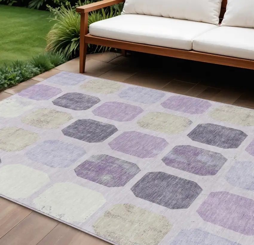 Lavender Ivory And Beige Geometric Washable Indoor Outdoor Area Rug Photo 2