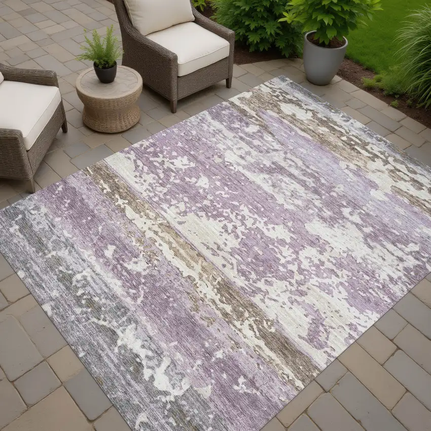 Lavender Ivory And Beige Striped Washable Indoor Outdoor Area Rug Photo 7