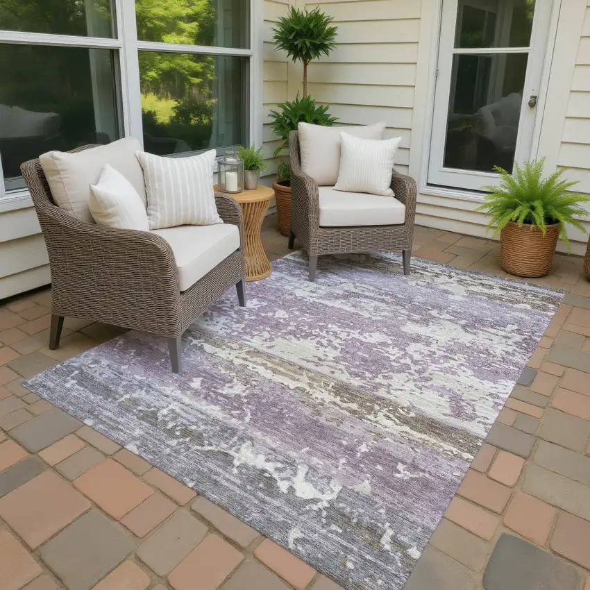 Lavender Ivory And Beige Striped Washable Indoor Outdoor Area Rug Photo 4