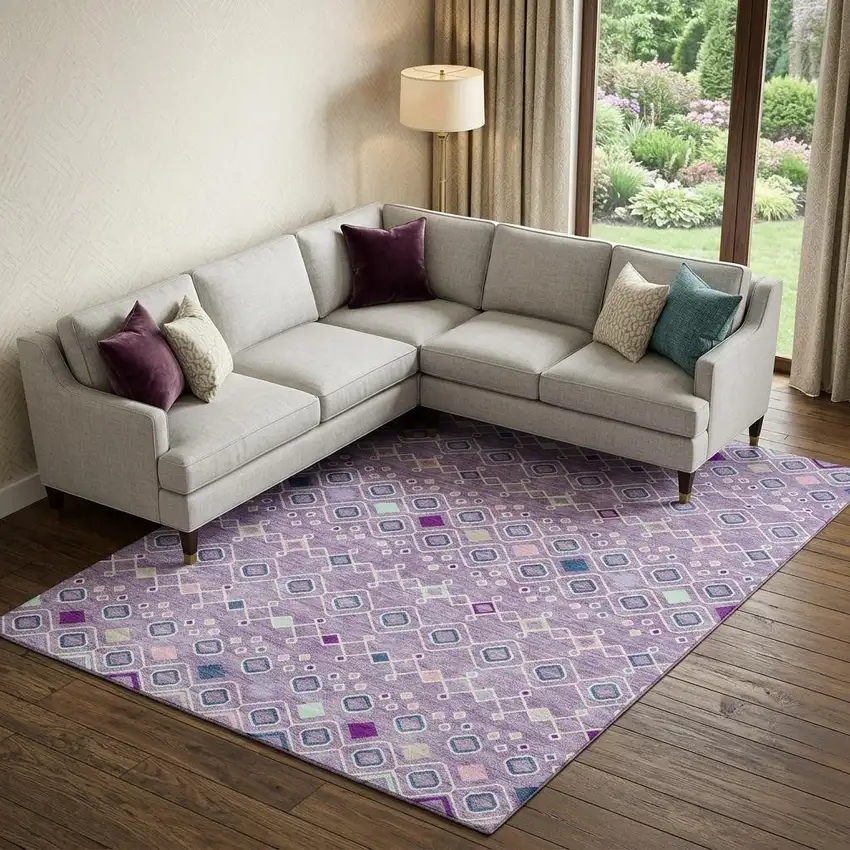 Lavender Ivory And Blue Southwestern Washable Area Rug With UV Protection Photo 1