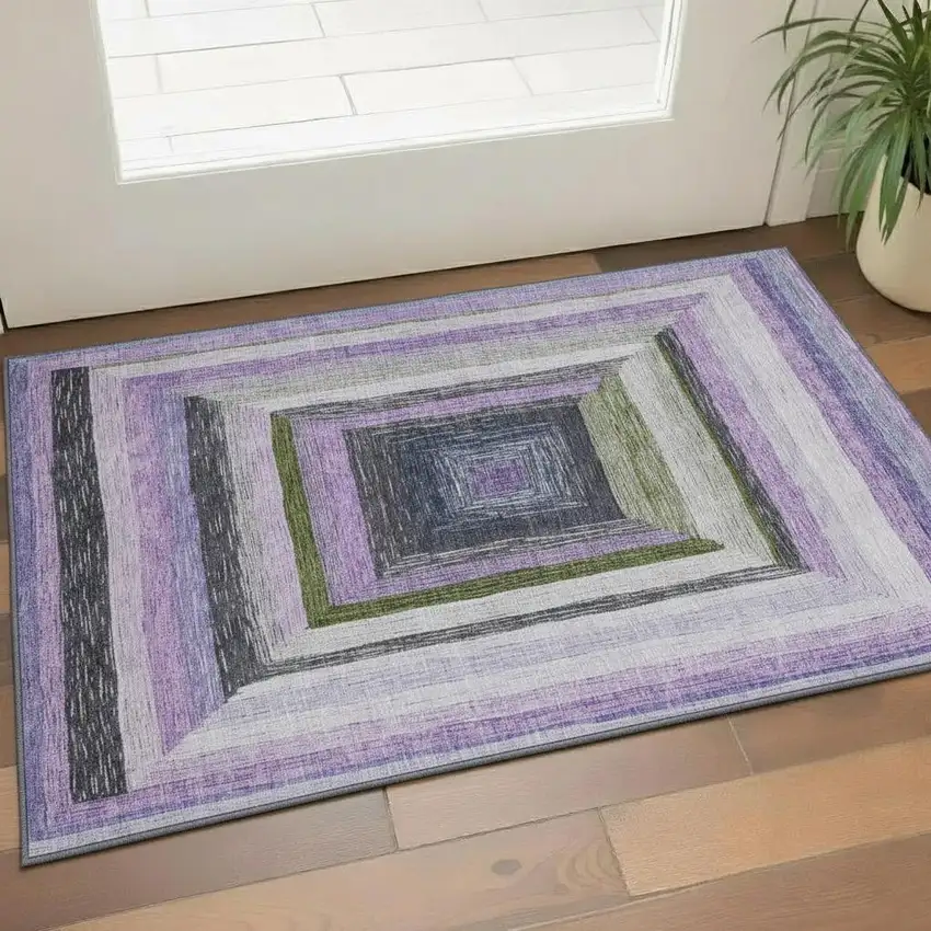 Lavender Ivory And Charcoal Geometric Washable Area Rug With UV Protection Photo 2