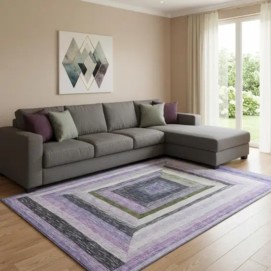 Lavender Ivory And Charcoal Geometric Washable Area Rug With UV Protection Photo 2