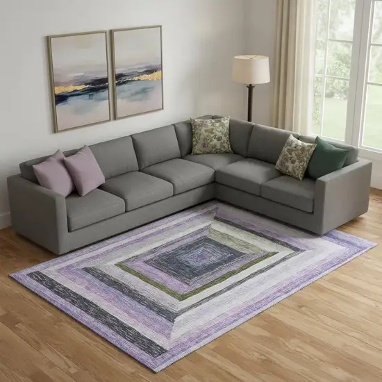Lavender Ivory And Charcoal Geometric Washable Area Rug With UV Protection Photo 2