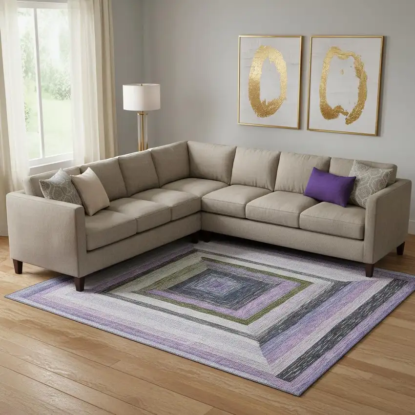 Lavender Ivory And Charcoal Geometric Washable Area Rug With UV Protection Photo 2