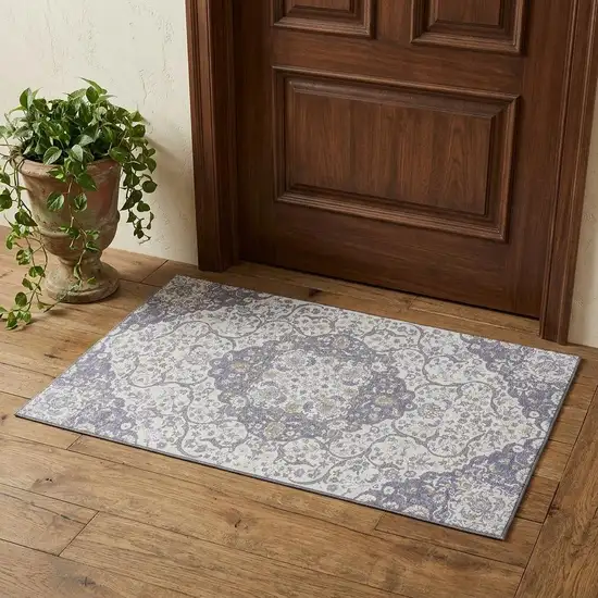 Lavender Ivory And Gold Medallion Washable Area Rug With UV Protection Photo 1