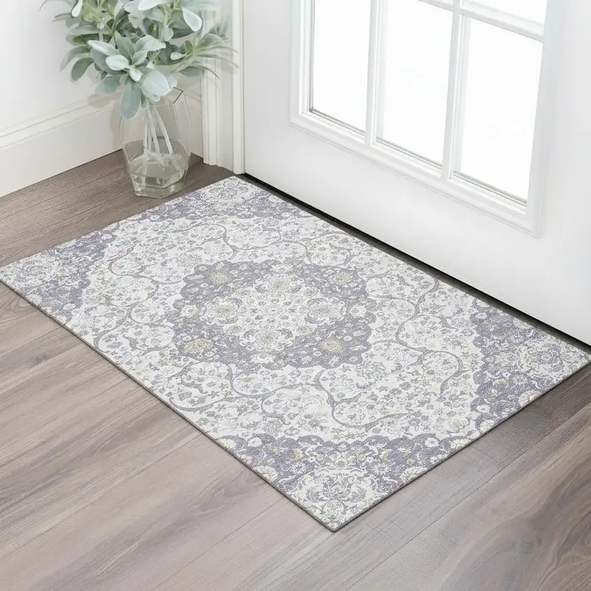 Lavender Ivory And Gold Medallion Washable Area Rug With UV Protection Photo 2