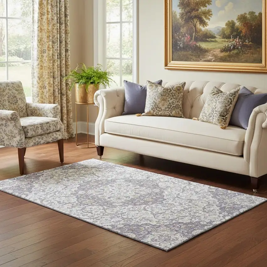 Lavender Ivory And Gold Medallion Washable Area Rug With UV Protection Photo 2