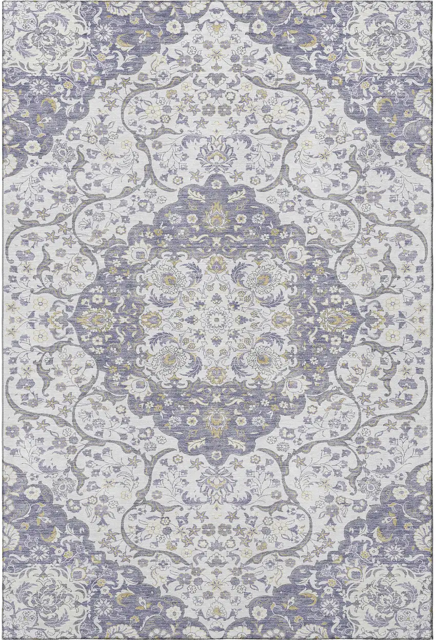 Lavender Ivory And Gold Medallion Washable Area Rug With UV Protection Photo 3
