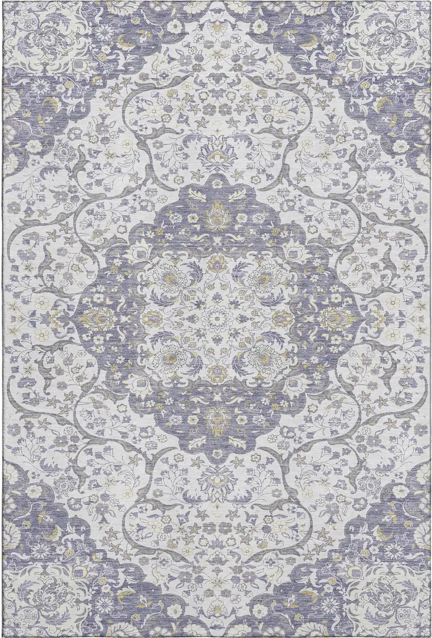 Lavender Ivory And Gold Medallion Washable Area Rug With UV Protection Photo 1