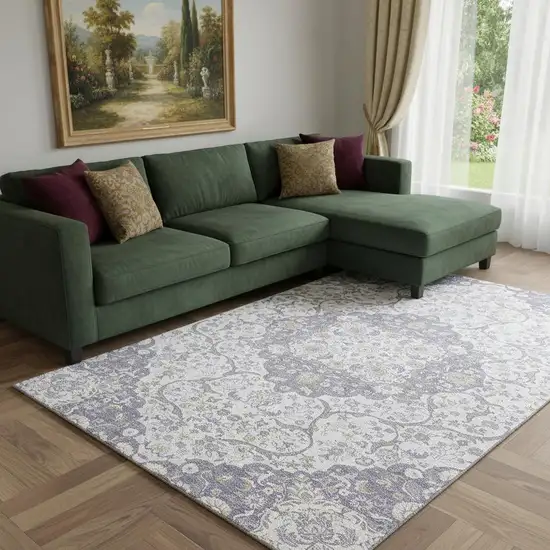 Lavender Ivory And Gold Medallion Washable Area Rug With UV Protection Photo 2