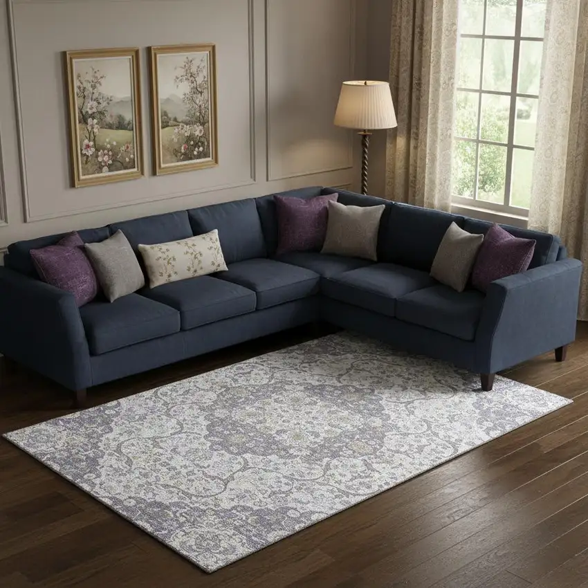 Lavender Ivory And Gold Medallion Washable Area Rug With UV Protection Photo 2