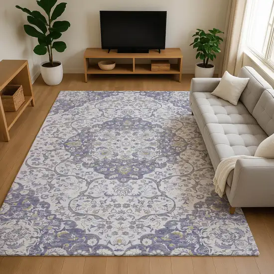 Lavender Ivory And Gold Medallion Washable Area Rug With UV Protection Photo 4