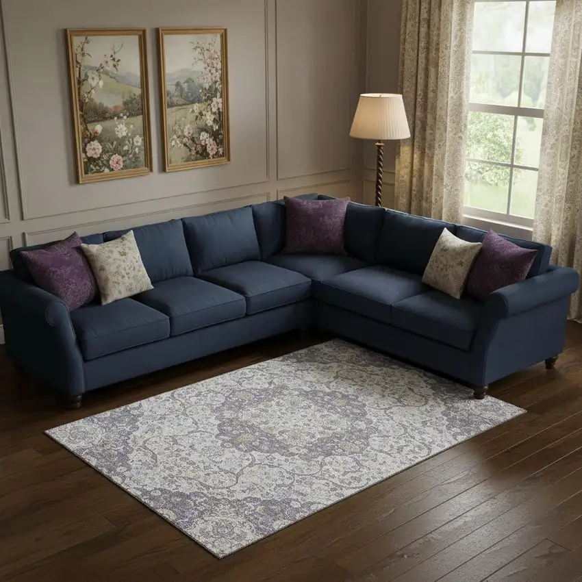 Lavender Ivory And Gold Medallion Washable Area Rug With UV Protection Photo 2