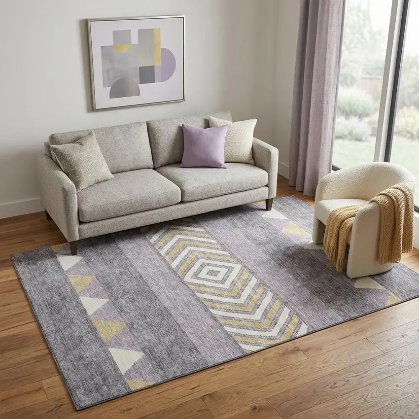 Lavender Ivory And Gold Southwestern Washable Area Rug With UV Protection Photo 1