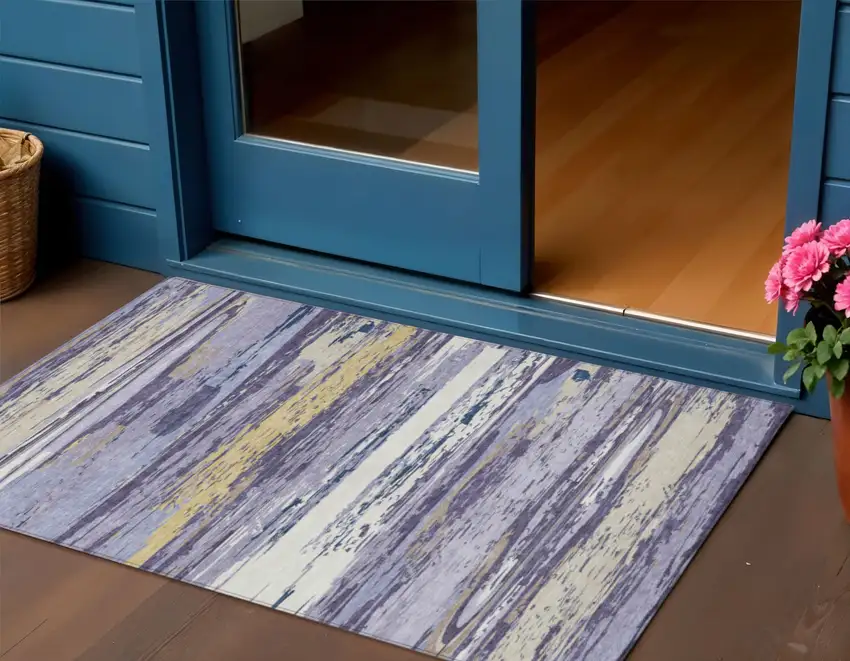 Lavender Ivory And Gold Striped Washable Indoor Outdoor Area Rug Photo 1