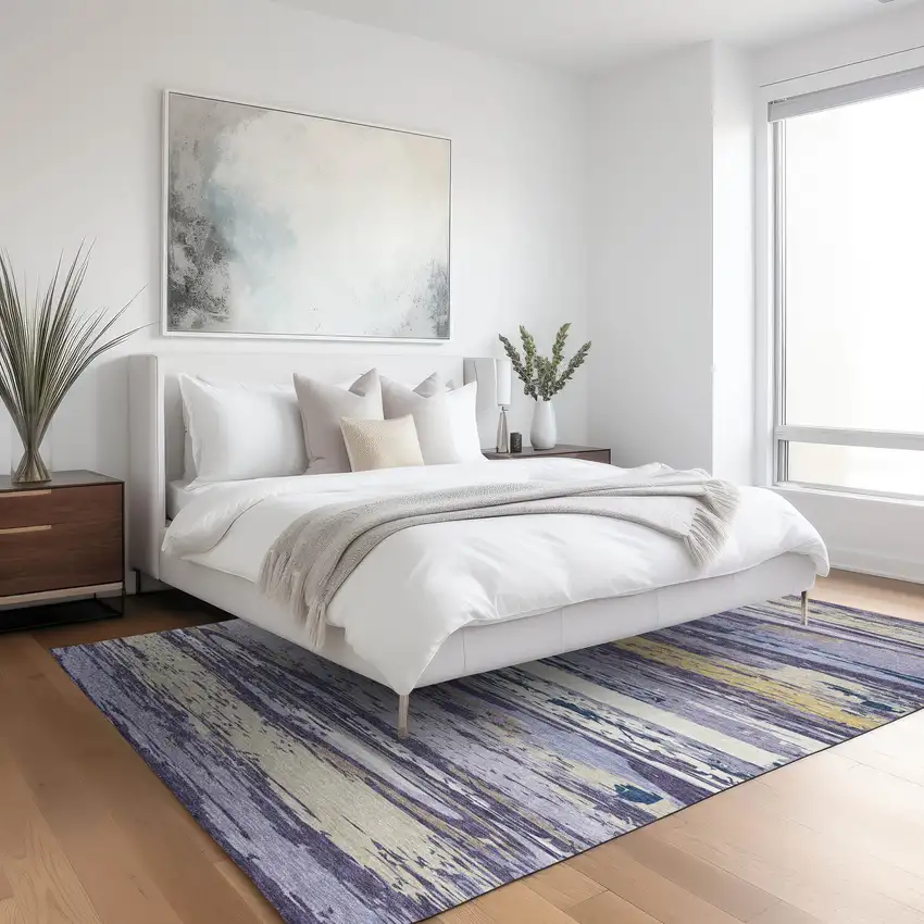 Lavender Ivory And Gold Striped Washable Indoor Outdoor Area Rug Photo 9