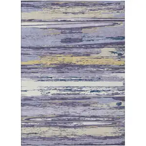 Photo of Lavender Ivory And Gold Striped Washable Indoor Outdoor Area Rug