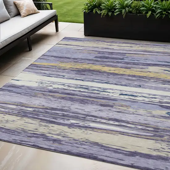 Lavender Ivory And Gold Striped Washable Indoor Outdoor Area Rug Photo 1