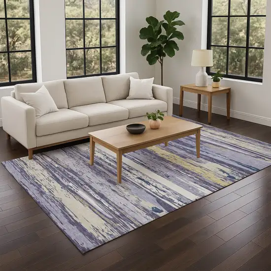 Lavender Ivory And Gold Striped Washable Indoor Outdoor Area Rug Photo 8