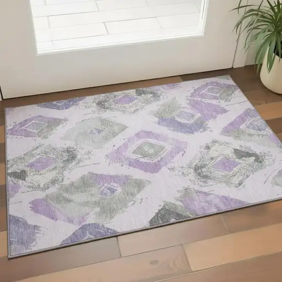 Lavender Ivory And Gray Abstract Geometric Washable Area Rug With UV Protection Photo 2
