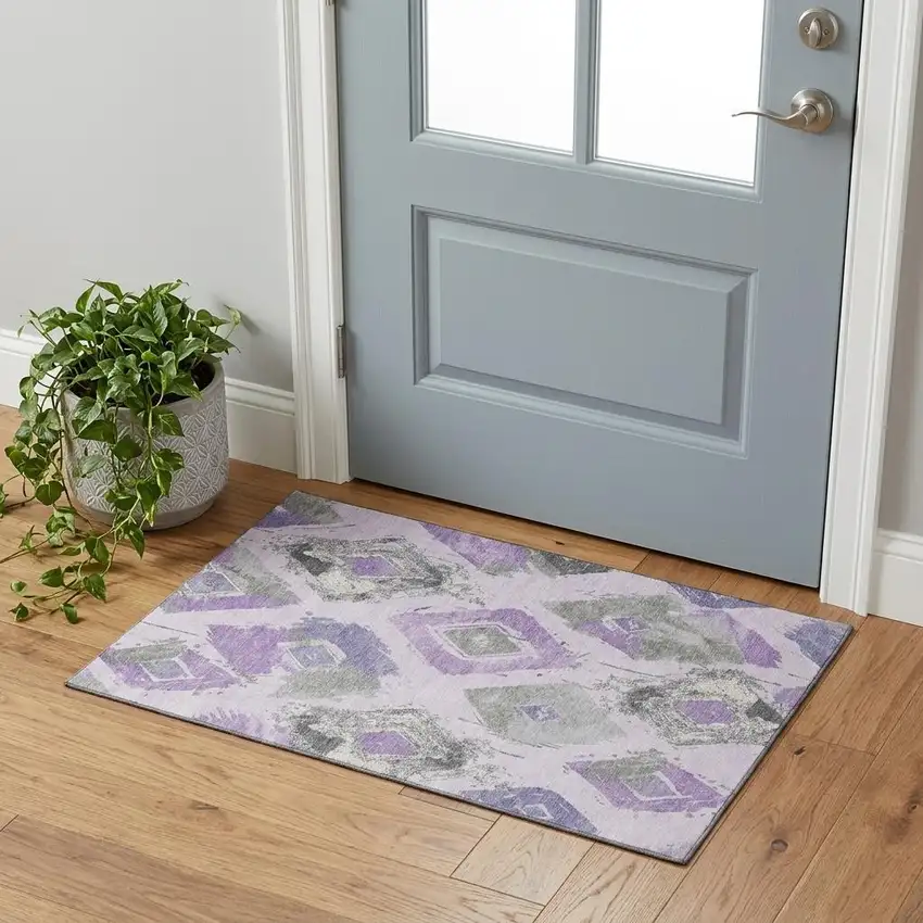 Lavender Ivory And Gray Abstract Geometric Washable Area Rug With UV Protection Photo 1
