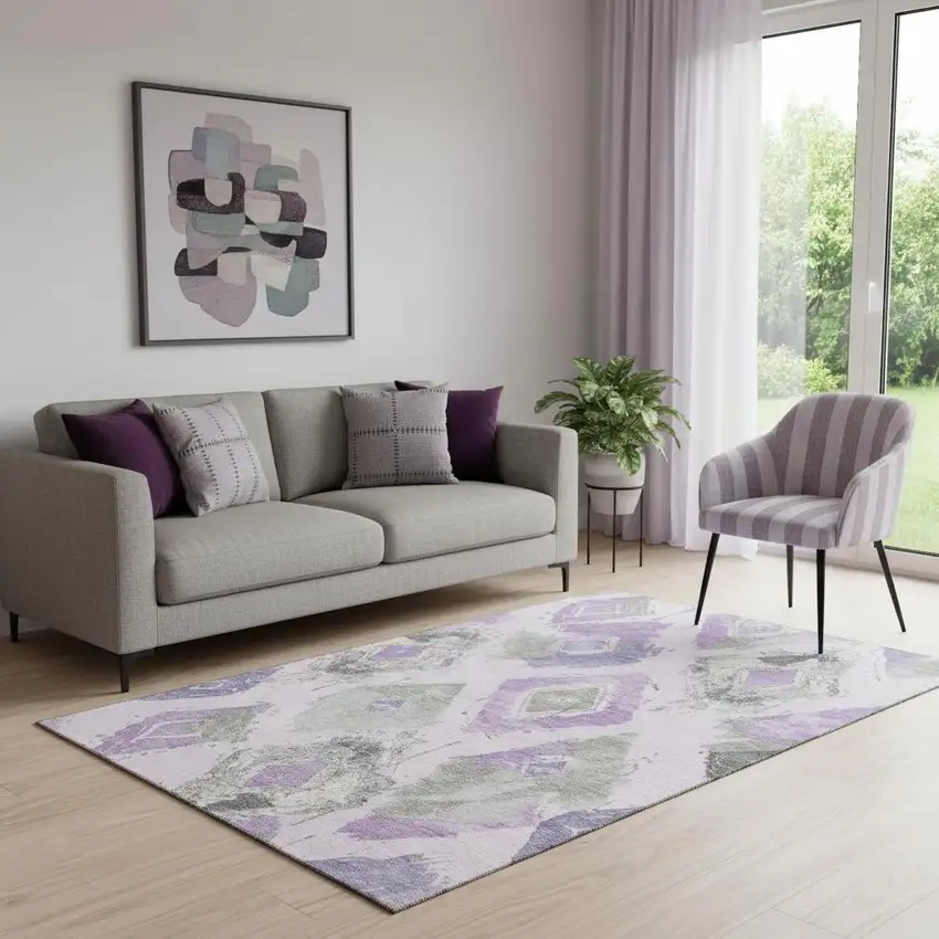 Lavender Ivory And Gray Abstract Geometric Washable Area Rug With UV Protection Photo 2