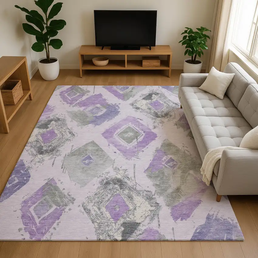 Lavender Ivory And Gray Abstract Geometric Washable Area Rug With UV Protection Photo 4