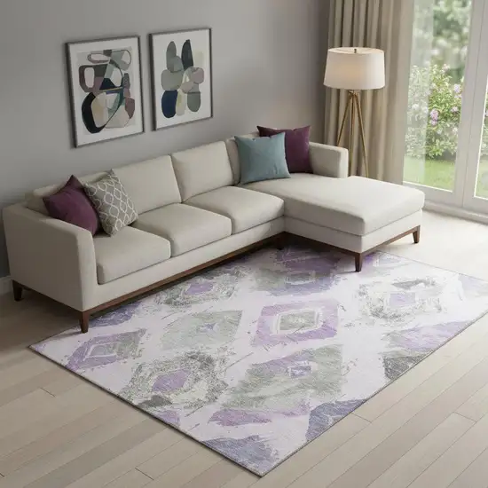 Lavender Ivory And Gray Abstract Geometric Washable Area Rug With UV Protection Photo 2